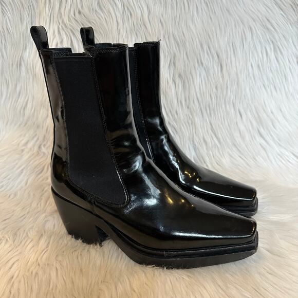 Jeffrey Campbell Zelton Boots Patent Leather Stacked Heel Mid Calf Boots Black - Picture 11 of 11